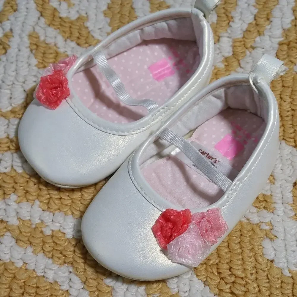 Carter's White Pink Mary Jane Shoes With Flowers 3 Months